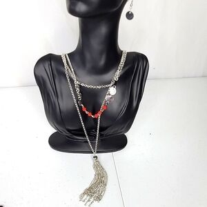 Layered Silver-tone Chain Necklace with Pink Beads and Matching Earrings